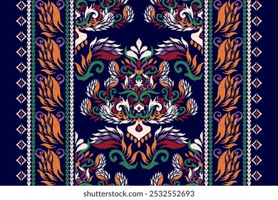 Kilim pattern,Ikat floral pattern on blue background,vector illustration,Ikat ethnic oriental embroidery,Aztec style,baroque pattern.design for texture,fabric,clothing,wrapping,decoration,kilim,print.