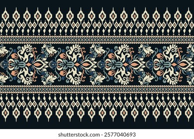 Kilim pattern,Ikat floral pattern on black background,vector illustration,Ikat ethnic oriental embroidery,Aztec style,baroque pattern.design for texture,fabric,clothing,wrapping,decoration,kilim,print