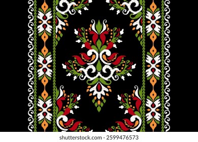 Kilim pattern,Ikat floral pattern on black background,vector illustration,Ikat ethnic oriental embroidery,Aztec style,baroque pattern.design for texture,fabric,clothing,wrapping,decoration,kilim,print