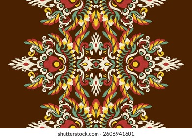 Kilim pattern,Ikat floral pattern on brown background,vector illustration,Ikat ethnic oriental embroidery,Aztec style,baroque pattern.design for texture,fabric,clothing,wrapping,decoration,kilim,print