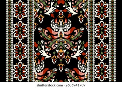 Kilim pattern,Ikat floral pattern on black background,vector illustration,Ikat ethnic oriental embroidery,Aztec style,baroque pattern.design for texture,fabric,clothing,wrapping,decoration,kilim,print.