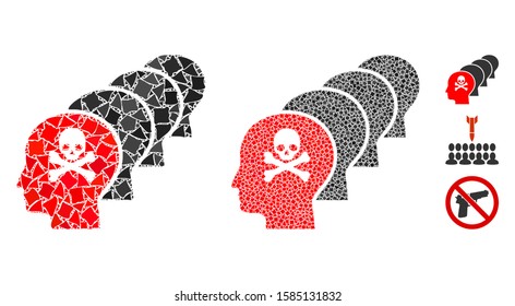 Kill all humans icon mosaic of inequal pieces in variable sizes and color tinges, based on kill all humans icon. Vector inequal dots are united into mosaic.