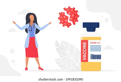 Kill coronavirus cell, vaccination medical campaign vector illustration. Cartoon doctor woman character with stethoscope standing next to vaccine big bottle, killing virus, medicine healthcare concept