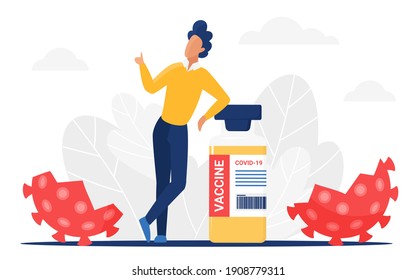 Kill coronavirus vector illustration. Cartoon man character standing with vaccine bottle and killed parts of virus cells, control covid19 infection disease vaccination concept isolated on white