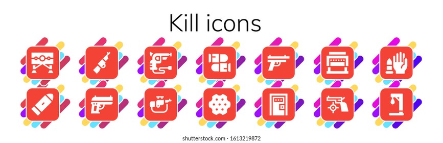 kill icon set. 14 filled kill icons. Included Guillotine, Bullet, Rifle, Gun, Revolver, Bullets, Death penalty, No weapons, Gallow icons