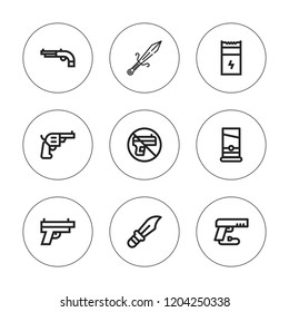 Kill icon set. collection of 9 outline kill icons with dagger, guillotine, gun, no weapons icons. editable icons.