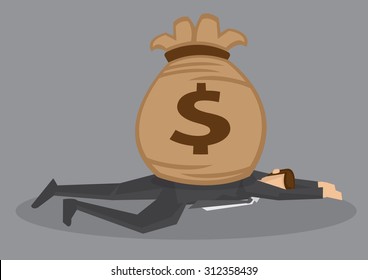 Killed By Heavy Costs Vector Illustration - Cartoon Man Lying Face Down On The Floor And Smashed By A Bag Of Money - Financial And Monetary Concept Isolated On Grey Background.