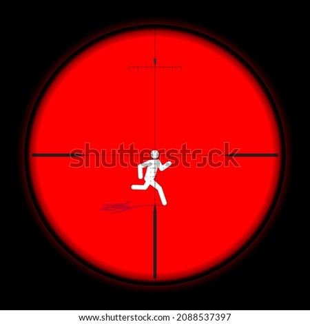Killer aiming rifle scopes on a running human figure's head, Vector illustration