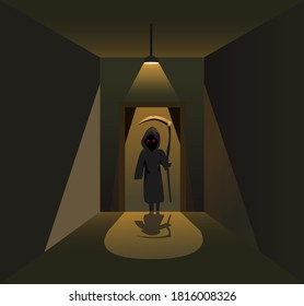 Killer angel sillhouette behind door on dark corridor room horror scene concept in cartoon illustration vector