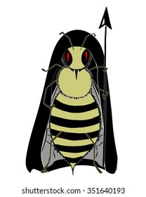Killer bee monster. An angry killer bee in black hood and with sting. Soldier bee. Bee with pike. Killer bee monster. African honey bee. Danger icon.
