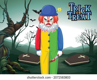 Killer clown on dark cemetery forest background illustration