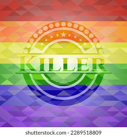 emblema asesino sobre fondo de mosaico con los colores de la bandera LGBT. 