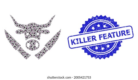 Cuchillos de carnicería de composición recursiva de vectores y sello de sello rayado de la función asesina. La marca azul incluye el texto de la función Killer dentro de la rosette.