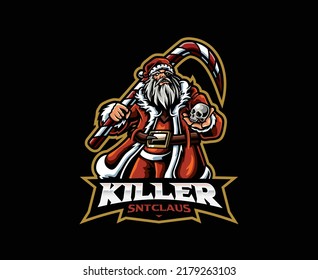 Killer santa mascot logo design. Evil santa claus vector illustration. Logo illustration for mascot or symbol and identity, emblem sports or e-sports gaming team