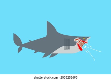 killer Shark bites skeleton. Sea predator. Big fish monster