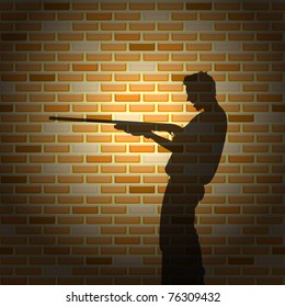 Killer silhouette on brick wall, vector illustration