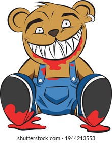Killer Teddy Bear covered in blood celebrating Halloween. Evil Toy for Kids to give them fear and nightmare. Cartoon Style isolated Halloween illustration.