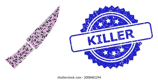 Killer textured seal print and vector recursive collage knife. Blue seal contains Killer title inside rosette. Vector collage is made of recursive rotated knife pictograms.