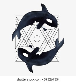 Killer whale with abstract geometric element. Orca vector illustration. Marine mammal. 