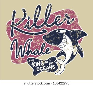 Killer whale badge - artwork for children wear in custom colors, grunge effect in separate layer.