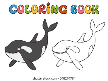 Killer whale cartoon, part of the collection of marine life. Coloring book.