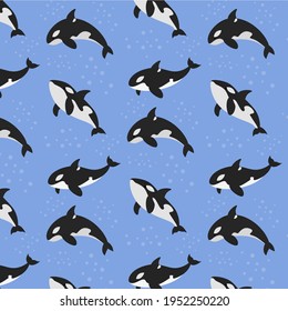 Killer whale cartoon pattern, Orca blue background, Sea animal vector illustration