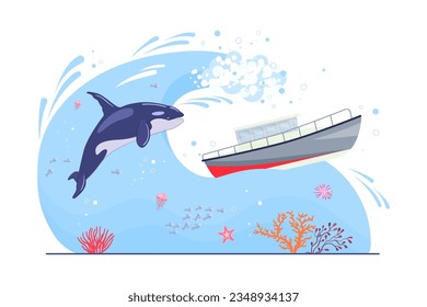 Killer whale crashing into boat in sea vector illustration. Drawing of orca swimming close to sea vessel, ban on transport approaching sea mammals. Marine life or wildlife, protection, danger concept