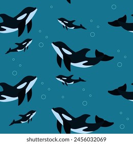 Killer whale and cub background. Inhabitants of the sea world. Cute underwater flat seamless pattern. Funny underwater creatures. Vector illustration.