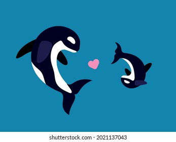 killer whale with cub in the ocean. The illustration is suitable for placement on T-shirts, mugs, notebooks. Can be used as an illustration for an article, for website design