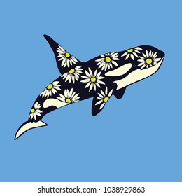 Killer whale with daisy flowers print on skin, hand drawn doodle sketch, isolated vector color illustration? on blue background