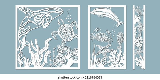 killer whale, Dolphin, starfish, seahorse, turtle, crab, algae, corals, Kelp, (laminaria, Macrocystis, Brown alga, rockweed, Fucus, Posidonia). Vector illustration. Set of paper marine animals sticker