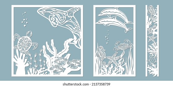 killer whale, Dolphin, starfish, seahorse, turtle, crab, algae, corals, Kelp, (laminaria, Macrocystis, Brown alga, rockweed, Fucus, Posidonia). Vector illustration. Set of paper marine animals sticker