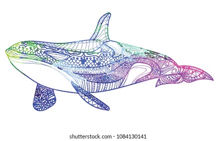 The killer whale. Ethnic pattern. Meditative coloring. Mandala, dudling drawing. Drawing from the hand. Points, stripes, arrows, flowers.