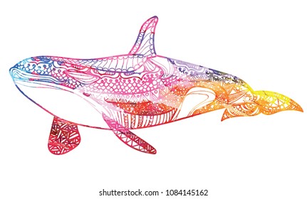 The killer whale. Ethnic pattern. Meditative coloring. Mandala, dudling drawing. Drawing from the hand. Points, stripes, arrows, flowers.