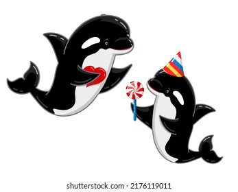 Killer whale family. cute orca characters mom or dad and baby vector illustration isolated on white. underwater wild sea animals. shark dolphin funny picture for greeting card, stiker or poster design