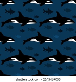 Killer whale and fish on blue background, seamless pattern, texture for fabric design, wallpaper and tile, vector illustration