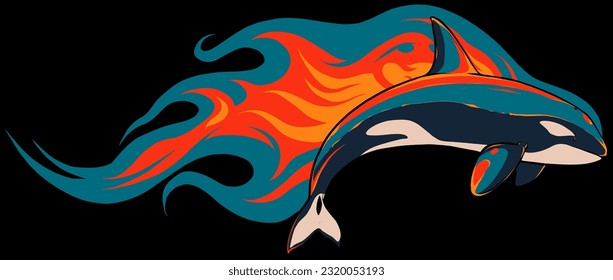 killer whale with flames on black background vector illustration design