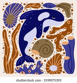 Killer whale hand drawn illustration. Square cartoon poster of dark blue ocean animal with brown sea plants, fish, shell. Childish t shirt print, cover design. Flat isolated vector. Color elements set