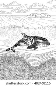 Killer whale with high details. Adult antistress coloring page with orca. Black white hand drawn doodle oceanic animal for art therapy. Sketch for tattoo, poster, print, t-shirt in zendoodle style.