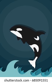 Killer whale icon isolated flat design poster illustration with sea waves