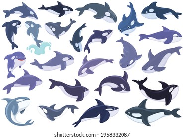 Killer whale icons set. Cartoon set of killer whale vector icons for web design