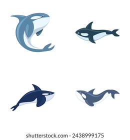 Killer whale icons set cartoon vector. Little cartoon cute orca. Whale orca, sea predator