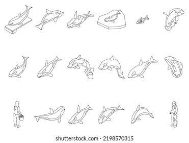 Killer whale icons set. Isometric set of killer whale vector icons outline thin lne isolated on white