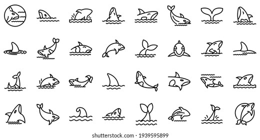 Killer whale icons set. Outline set of killer whale vector icons for web design isolated on white background