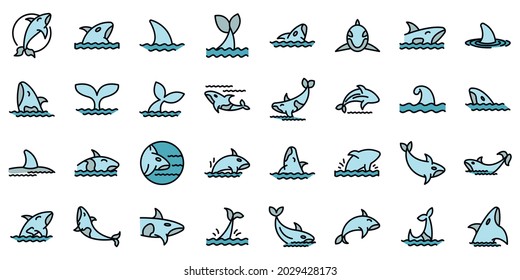 Killer whale icons set. Outline set of killer whale vector icons thin line color flat on white