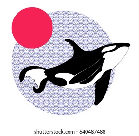 Killer whale illustration with sun and waves pattern background, vector, 