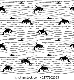 Killer whale jump into the sea. Vector seamless pattern