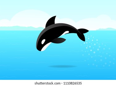 Killer whale jumping on sea, flat vector art