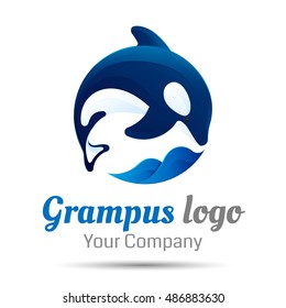 Killer whale. Jumping over sea wave. Vector logo design illustration. Template for your business company. Creative abstract colorful concept.