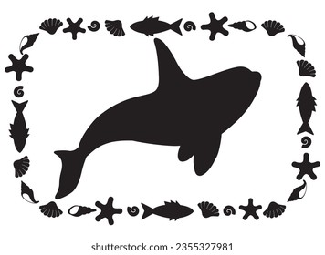 Killer whale marine mammal animal silhouette in a rectangular frame - vector template for print or cut. Orca animal mammal composition on a marine theme